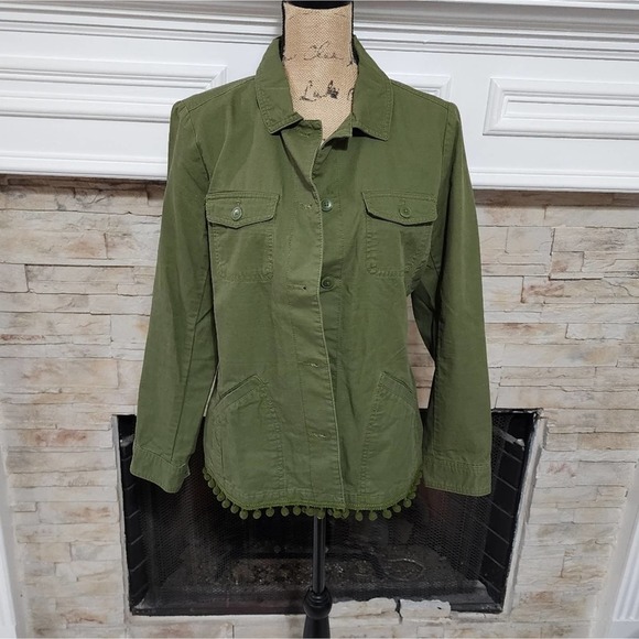 Talbots khaki green pom pom blazer military jacket Size medium - Picture 2 of 7